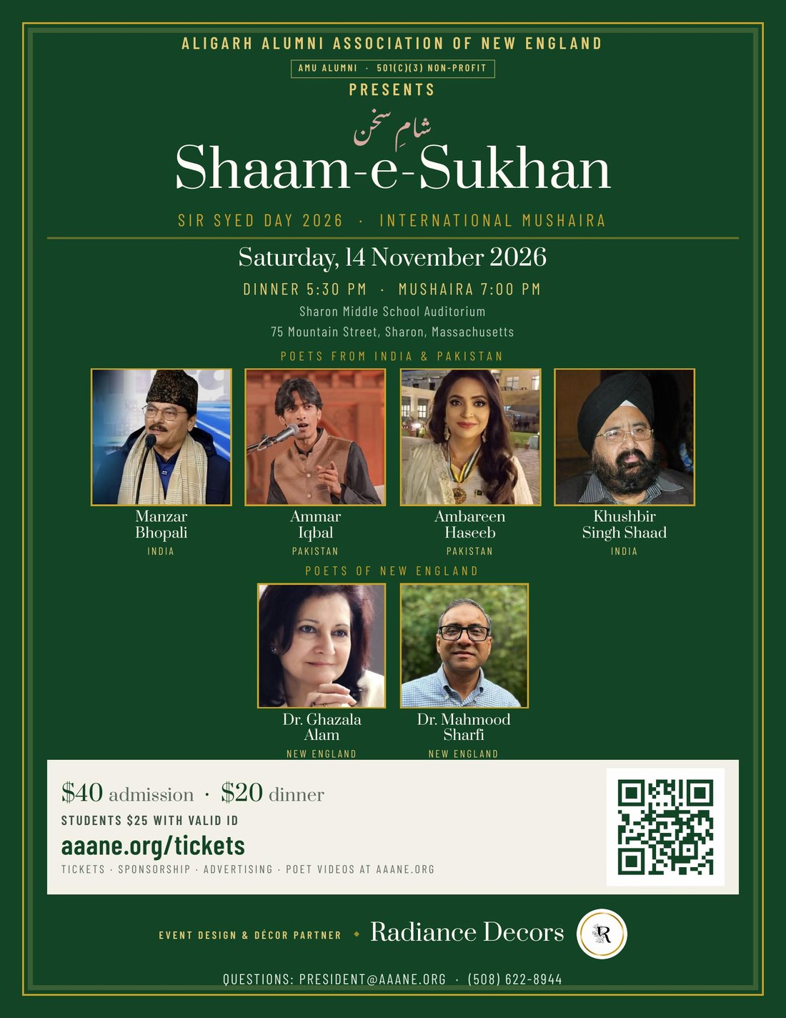 Shaam-e-Sukhan 2026 — International Mushaira, Saturday 14 November 2026, Sharon Middle School Auditorium. Poets Manzar Bhopali, Ammar Iqbal, Ambareen Haseeb, Khushbir Singh Shaad, Dr. Ghazala Alam and Dr. Mahmood Sharfi. $40 admission, $20 dinner, students $25.